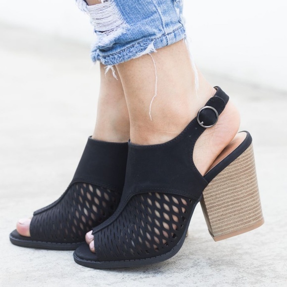 Black Perforated Slingback Chunky Heels - Picture 2 of 3